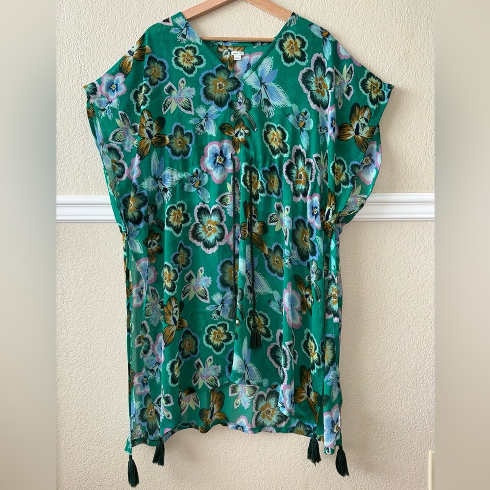 Aerie Chiffon Beach Cover Up Kelly Green Floral Vacation Resort XS / Small